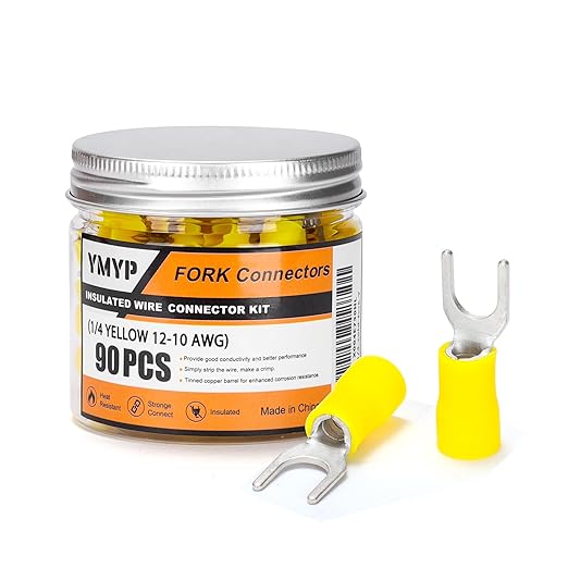 90PCS Fork Wire Connectors Insulated - Yellow 12-10 AWG M6 Stud Size 1/4" - U-Type Tinned Copper Spade Electrical Crimp PVC Terminals
