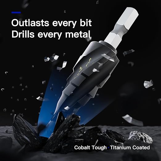 Cobalt Steel Step Drill Bit Set - 5PCS 50 Sizes for Metal, Impact-Ready Step Bits for Steel with Titanium Coating & Aluminum Case | Professional Metal Drill Bit Kit(5pc)