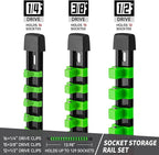 Socket Organizer Drive ABS Tools - Green Socket Holder, Premium Quality 3 Pieces Socket Holders Kit 1/4-Inch x 16 Clips, 3/8-Inch x 15 Clips, 1/2-Inch x 12 Clips(3PC,Green)