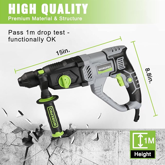 WORKPRO Premium 1-1/4 Inch SDS-Plus Rotary Hammer Drill, 7.5AMP, Lightweight Corded Version for Concrete Demolition Chipping Rotomartillo, 5 SDS-Plus Bits