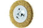 PFERD Crimped Wheel Brush - Brass Wire, 4" Diameter, 5/8-11 Thread, 0.012 Wire Size, 11/16" Trim Length, 1/2" Face Width, 12500 RPM - Ideal for Surface Preparation and Finishing - Part 82367
