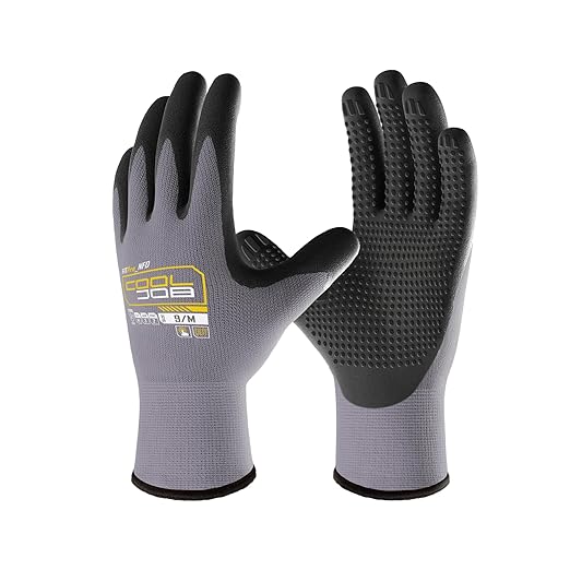 COOLJOB 12 Pairs Nitrile Rubber Coated Nylon Safety Work Gloves Pack Bulk, Dotted for Non-Slip Grip, Breathable Soft Seamless Knit Nitrile Dipped Gloves for Warehouse, Home Improvement, Yard, Xlarge