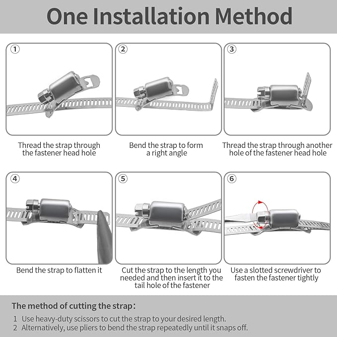 Hose Clamps 50FT Strap+25 Fasteners,DIY Cut-To-Fit 304 Stainless Steel Adjustable Large Worm Gear Band Clamp Assortment Kit,Metal Screw Fasteners and Strapping for Pipe,Duct,Pole,Tube