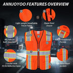 Class 2 Safety Vest with Zipper Front and multiple Pockets, High Visibility Vest, Meets ANSI/ISEA Standards