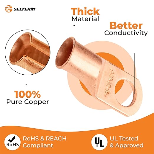 SELTERM 2pcs 2/0 AWG 1/2" Stud Copper Wire Lugs, Battery Lugs, Ring Terminals, Battery Cable Ends, 00 Gaug Ring Terminal Connectors, UL Heavy Duty Bare Copper Eyelets Battery Terminal Connectors