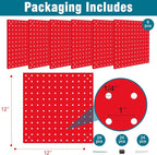 6 Pack Steel Peg Board,Universal 1/8 and 1/4 Pegboard Accessories,Ideal for Garage Tool Storage, Office Organization, Craft Room, Kitchen etc. (Red, 6-12X12)