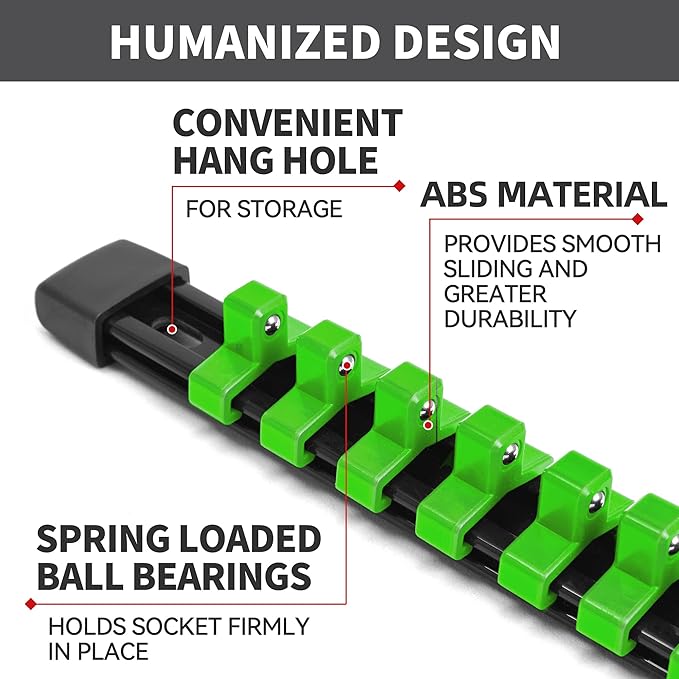 Socket Organizer Drive ABS Tools - Green Socket Holder, Premium Quality 6 Pieces Socket Holders Kit 1/4-Inch x 32 Clips, 3/8-Inch x 30 Clips, 1/2-Inch x 24 Clips（6PC,Green)