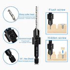 3-pc Countersink Drill Bit Set #10#12#16, 3in1 Woodworking Counterbore Hole Saw Drill Bits, Depth Adjustable M2 Pilot Drill Bits, 82-Degree Chamfer, 1/4” Hex Shank, with 1 Allen Wrench