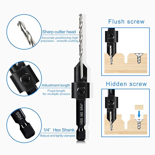 7 Pack Countersink Drill Bits Set, Wood Drill Countersink Counterbore 3in1, Three 82-Degree Chamfer Cutters, M2 Counterbore Cutting Depth Adjustable, with 2 Allen Wrenches and 1/4” Hex Shank