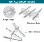 200PCS Pop Rivets Assortment Kit, Large Flange Aluminum Rivets(1/8" 3/16" 1/4") Assorted Blind Rivets with Case