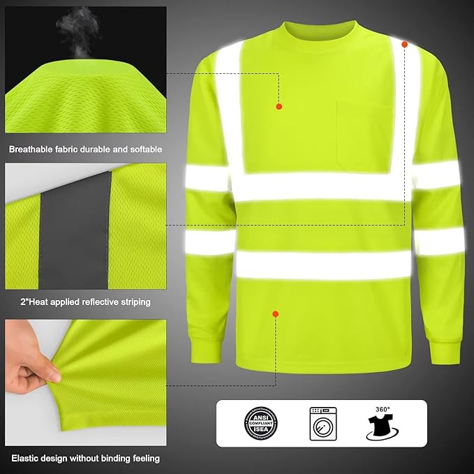 High Visibility Class 3 T Shirts，Hi Vis Safety Shirts with Reflective Strips and Pocket, Long Sleeve Quick Dry Mesh Construction Work Shirt for Men/Women Lime,5XL