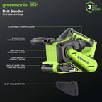 Greenworks 24V Brushless Cordless 3in. x 18in. Belt Sander Kit with Dust Bag and 60 Grit Sandpaper, Tool Only
