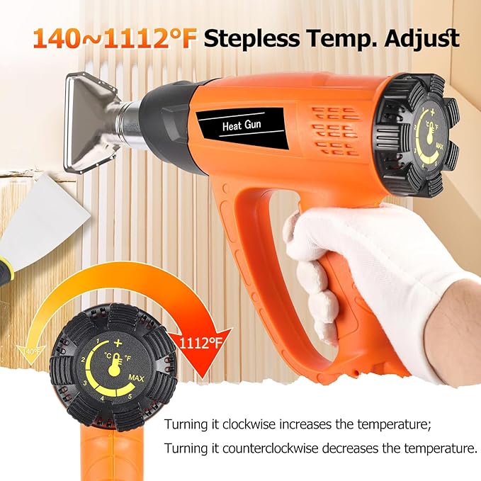 Heat Gun 1800W 140℉~1112℉ (60℃-600℃) Heavy Duty Fast Heating Hot Air Gun Kit Variable Temperature Control with Overheat Protection, 5 Nozzles for Crafts, Shrinking PVC, Stripping Paint, Vinyl Wrap
