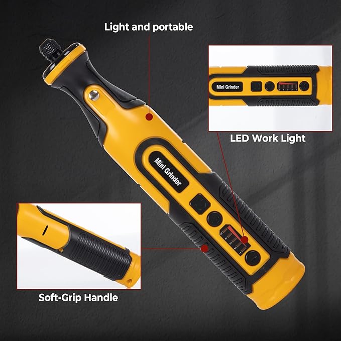 7.2V Cordless Grinder Tool with Battery & Charger, 5Speed Adjustment, LED Light, 65 Piece Accessory Kit| Cutting/Polishing Wheels, Diamond Burrs, Sanding Bands| Mini Grinder Set