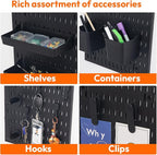 4Pcs Black Peg Board Wall Organizer, Plastic Pegboard Panel, Garage Storage Tool Organizer for Wall, Craft Room, Kitchen, Workshop, Office, Includes Hooks and Bins