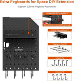 JUNNUJ Large Pegboard Power Tool Organizer with Charging Station, 8 Drills Driver and Tools Battery Holder Wall Mount with 8 Outlet 10 FT Power Strip, Black 3-Layer Shop Garage Storage Utility Rack