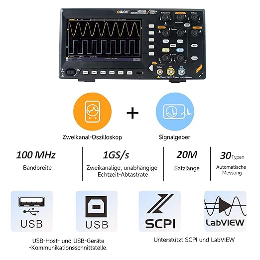 OWON Digital Oscilloscope with Dual-Channel Channels and Screen 7 inch, TFT-LCD Display, Portable Oscilloscope with 1GS/s Sampling Rate, Bandwidth 100MHz,8K Waveform Length,SDS210S