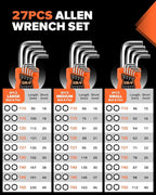 27pcs Allen Wrench Set - Long Arm SAE & Metric Torx Star Ball End Hex Key Set