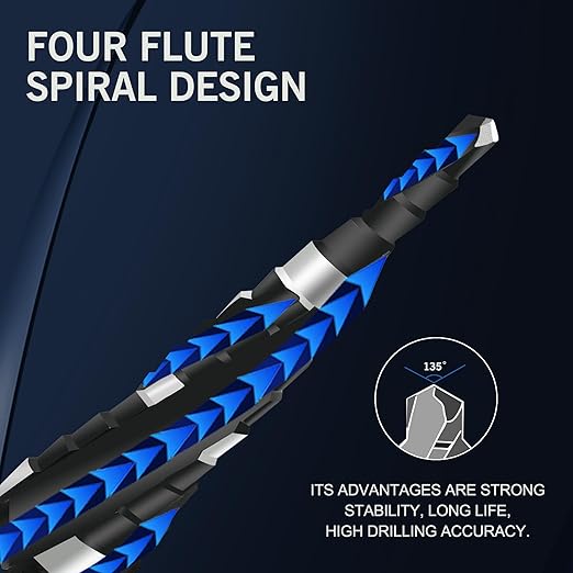 M35 Four Spiral Flute Cobalt Step Drill Bit, 1/8"-1/2" Wear-Resistant TiAlN Coated Four-Flute Step Bit, 1/4" Hex Shank Unibit Step Bit for Metal, Stainless Steel, Aluminum, Wood, Plastic