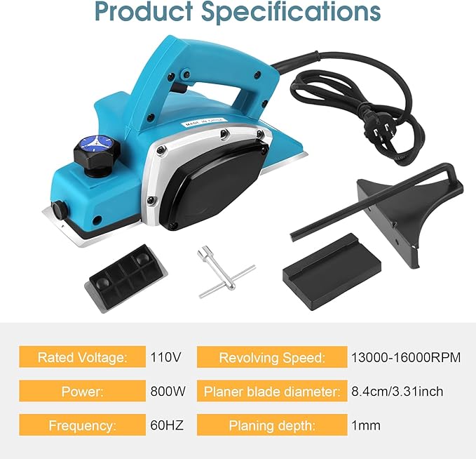 Electric Hand Planer, Portable Wood Planer Hand Held Power Planer Machine Woodworking Power Tool with Adjustable Planing Depth for Woodworker Carpenter Home DIY