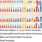 350pcs 19 Types Crimp Connectors, 2.8mm, 4.8mm, 6.3mm Male and Female Spade Terminals, Copper, Red, Blue, Yellow