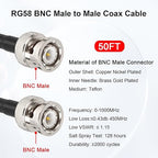 BNC Cable - 50FT RG58 50 ohm BNC Male to Male Coax Cables Low Loss BNC Extension Coaxial Cable with BNC Adapter Connector for Antennas, RF Radios, Modems, Oscilloscopes, Spectrum, etc (Red)