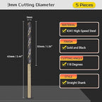 Drill Bit, 3mm Cutting Diameter, 4341 HSS Gold and Black 118° Cutting Angle Number Jobber Bits - (Applications: for Drilling Soft Metal Plastic Wood), 5-Pieces