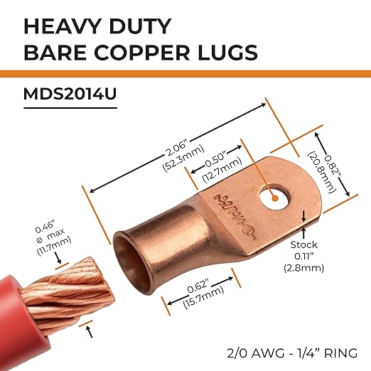 SELTERM 10pcs 2/0 AWG - 1/4" Stud Battery Lugs, Heavy Duty Wire Lugs, Ring Terminals, Cable Ends, 00 Gauge Terminals, UL Bare Copper Eyelets Electrical Terminal Connectors