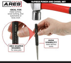 ARES 50005-16-Piece Punch and Chisel Set - Tapered, Pin, Center Punches & Cold Chisels for Various Applications