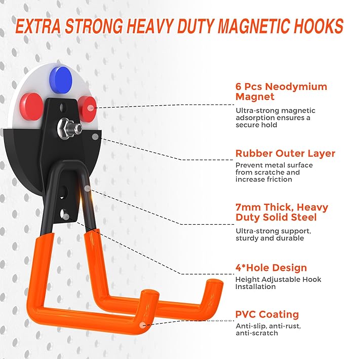 6Pcs Heavy Duty Storage Magnetic Utility Hooks Large Garage Strong Extra Magnet Hooks Hanger with Anti-Slip Coating Heavy Duty Magnetic Hooks for Hanging Power Dril Garage Garden Tools Orange