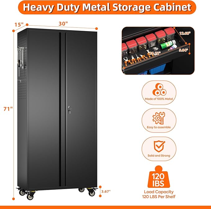 Metal Garage Storage Cabinet with Wheels and Doors,71" H Rolling Tool Cabinet with Pegboard and Drawer for Garage Warehouse Home,Required Assembly,Black