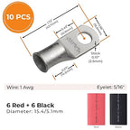 SELTERM 10pcs - 1 Awg - 5/16" Stud - Battery Lugs - Ring Terminal Connectors | with 12pcs 3:1 Black & Red Heat Shrink Tubing with Adhesive | Heavy Duty Battery Cable Ends - Tinned Copper Wire Lugs Kit