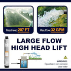 WASSERMANN 4" Effluent/Cistern Bottom Suction Pump with 33FT Cable,1HP,115V/60HZ,32GPM,207FT Head,Stainless Steel Deep Well Submersible Pump for Septic Tank Home and Industrial Agricultural