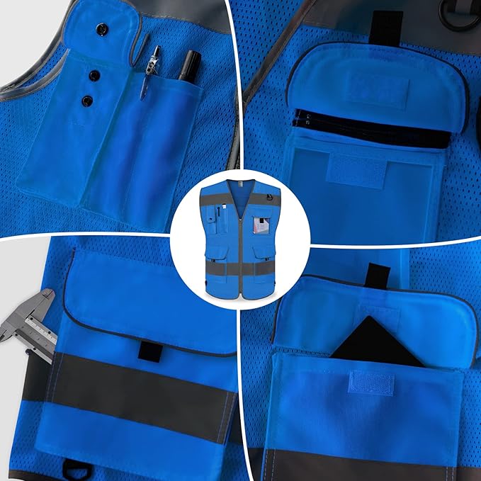 TCCFCCT Mesh Blue Safety Vest for Men Women 9 Pockets High Visibility Reflective Vest for Safety, Work Vest with Reflective Strips, Meets ANSI/ISEA Standards, Large