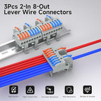 3Pcs Lever Wire Connectors, 2 in 8 Out, Push-in, 4-2.5 mm² Quick Wiring DIN Terminal Blocks, 30Pcs Wire Ferrules Terminals & 5.51 Inch DIN Rail Included