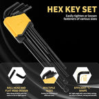 Extra Long Hex Key Ball End Cr-V Steel Tools – 9PCS Metric Allen Key Set, Cr-V, 1.5–10mm, 9in Length, Black Finish, Great for Deep Slots, Auto Maintenance, Home Use