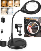 Flexible Gooseneck 2-in-1 Magnifying Glass with Light and Stand,10x & 5x Real Glass Lens Magnifying Lamp, 5 Color Stepless Hands-Free LED Desk Lamp with Clamp for Painting, Crafts, Reading (White)
