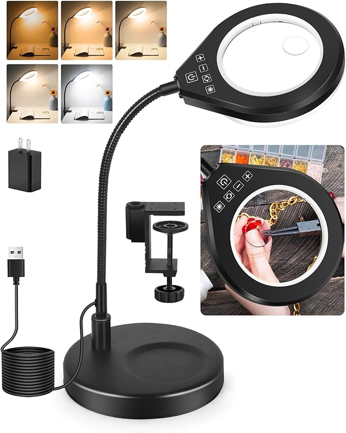 Flexible Gooseneck 2-in-1 Magnifying Glass with Light and Stand,10x & 5x Real Glass Lens Magnifying Lamp, 5 Color Stepless Hands-Free LED Desk Lamp with Clamp for Painting, Crafts, Reading (White)