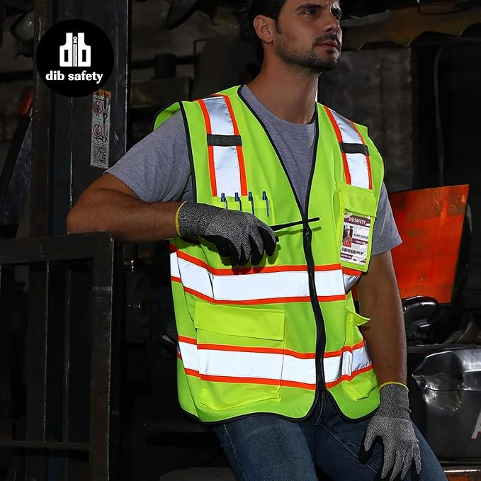 Dib Safety Reflective Vest High Visibility Two Tone with Pockets and Zipper, ANSI Class 2 Compliant, Yellow with Orange Trim L