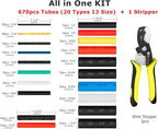 Ginsco 670 pcs 2:1 Heat Shrink Tubing Kit with Wire Stripper Cutter, 6 Colors 13 Sizes 20 Types Assorted Sleeving Tube Wrap Cable Kit, Electrical Heat Shrink Tubes for DIY Home Automotive Industrial