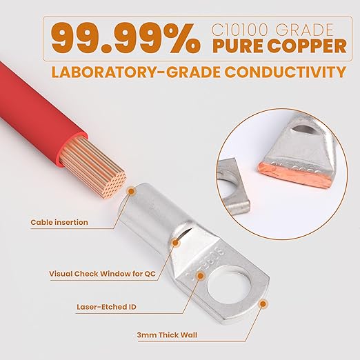 TKDMR 176Pcs Copper Wire Lugs AWG2 4 6 8 10 12 Gauge with 3:1 Heat Shrink Set 88Pcs Battery Cable Lugs Terminal Connectors for Marine, Automotive, Solar Electrical(Tinned Copper)