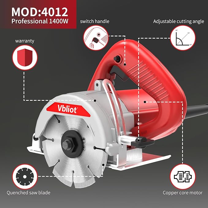 4-3/8-Inch Tile Saw, 1400W 12A Concrete Wet Saw Handheld Cutting Carving Machine, Includes Carbon Brush Wrench Diamond Cutting Disc