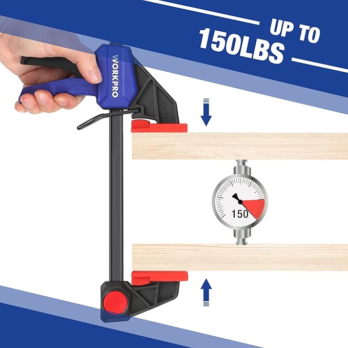 WORKPRO Bar Clamps for Woodworking, 6-Pack One-Handed Clamp/Spreader, 6-Inch (4) and 12-Inch (2) Wood Clamps Set, Light-Duty Quick-Change F Clamp with 150 lbs Load Limit Blue
