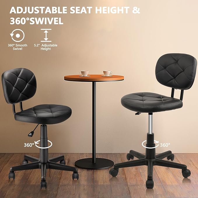 Rolling Stool Chair with Backrest Leather Swivel Salon Spa Stools, Adjustable Height Work Garage Chairs for Home Bar Desk Computer, 2PK