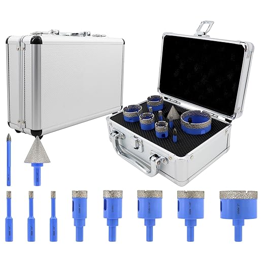 Diamond Tile Hole Saw Kit - 10Pcs 1/4'' X 3, 4/5'', 1'', 1-1/4'', 1-3/8'', 2'' Drill Bits Set, 1/4'' Carbide Drill Bit, 1-3/8'' Beveling Chamfer Bit for Porcelain Tile Ceramic Granite Marble