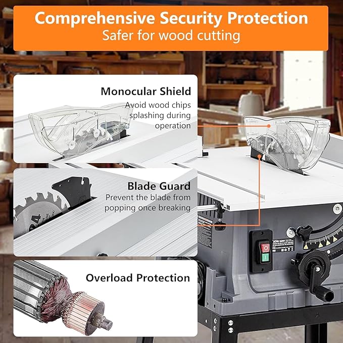 GAOMON Table Saw 10 Inch, 15 Amp 5000RPM Powerful Tablesaw With Stand & Protective Cover, 90° Cross Cut & 0-45° Bevel Cut, Adjustable Depth, Tabletop Saw for Woodworking
