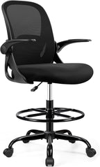 Drafting Chair Tall Office Chair with Flip-up Armrests, Adjustable Height, and Enhanced Lumbar Support - Ergonomic Rolling Stool, Back Support, and Adjustable Foot Rest Ring for Standing Desk Black