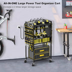 JUNNUJ Large Power Tool Organizer Cart with Charging Station, Garage Floor Standing Rolling Drill and Tools Battery Storage Cart on Wheels, Heavy Duty Rack Shelf with 8 Outlet Power Strip, Yellow