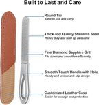 Metal Nail File with Case, 2 Pack Nail Files for Natural Nails, Fingernail Files Diamond Round Tip Stainless Steel Double Sided Fine Grit Sapphire Filer with Sheath Leather Cases Travel Silver Brown