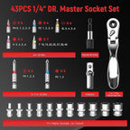1/4" Socket Set, 43pcs Mini Ratchet Set, Metric Socket Wrench Set with S2 Bits, Small Ratchet, Compact Mechanic Tool Set for Car, Home & DIY Repairs(43pcs)